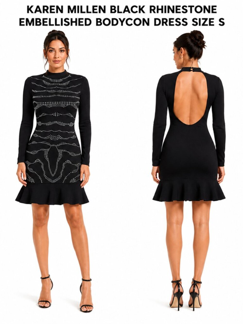 Karen Millen Black Rhinestone Embellished Bodycon Dress Size S